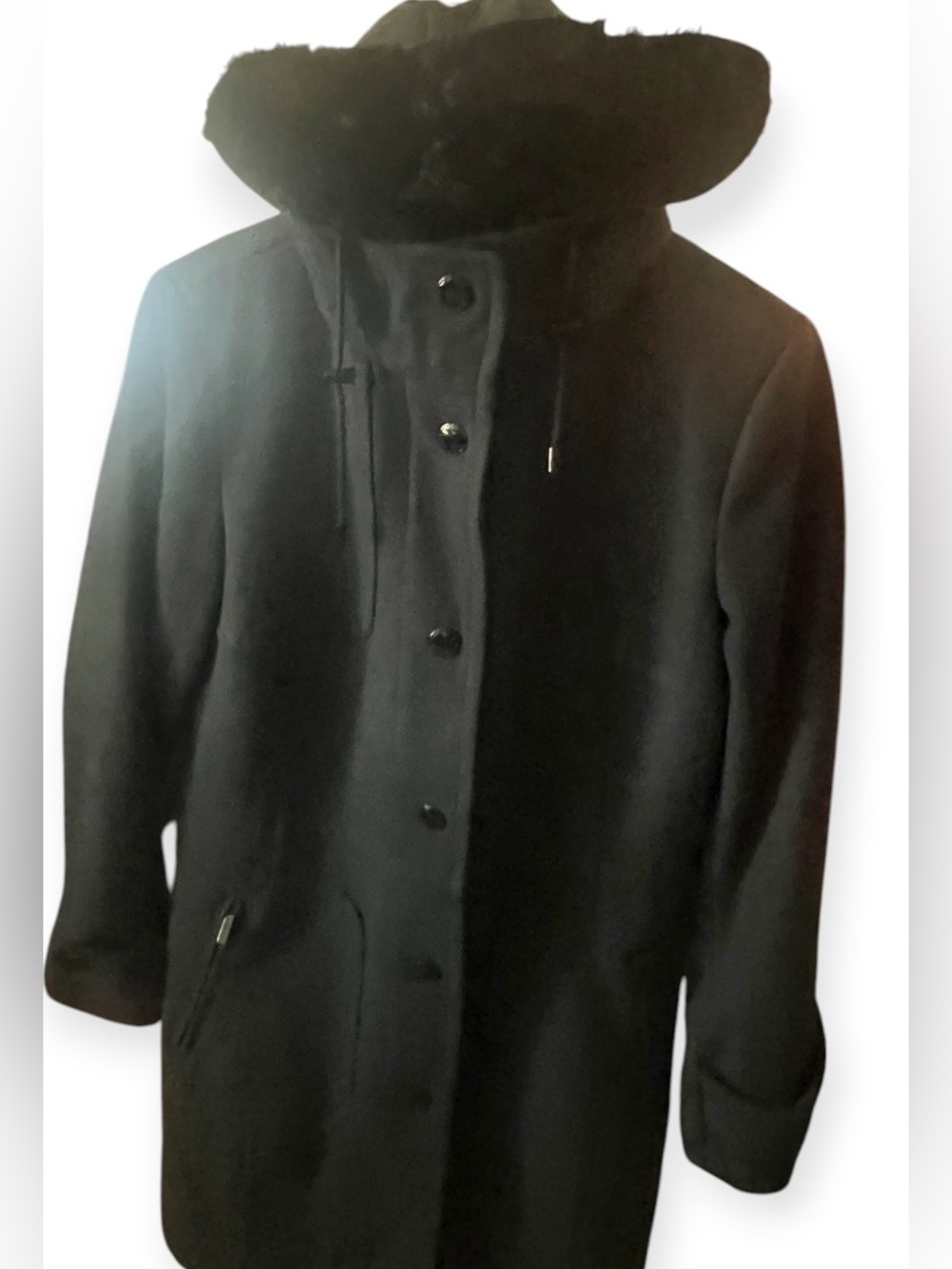 London Fog Hooded Faux Fur Blue Green Coat